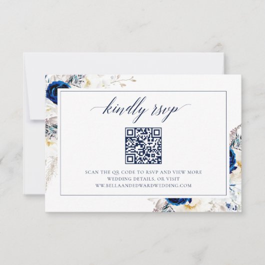 Elegant Blue Wedding Website RSVP QR Code Kaart (Voorkant)