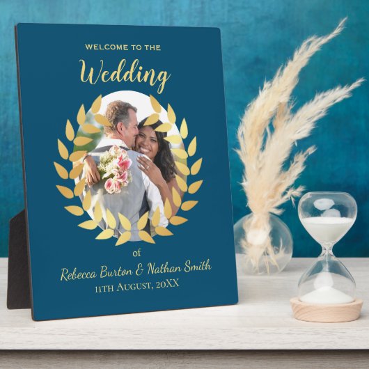 Elegant Blue Wedding Welcome Custom Photo Sign Fotoplaat (Zijkant)