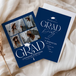 Elegant Blue & White 4 Photo Graduation Party Kaart