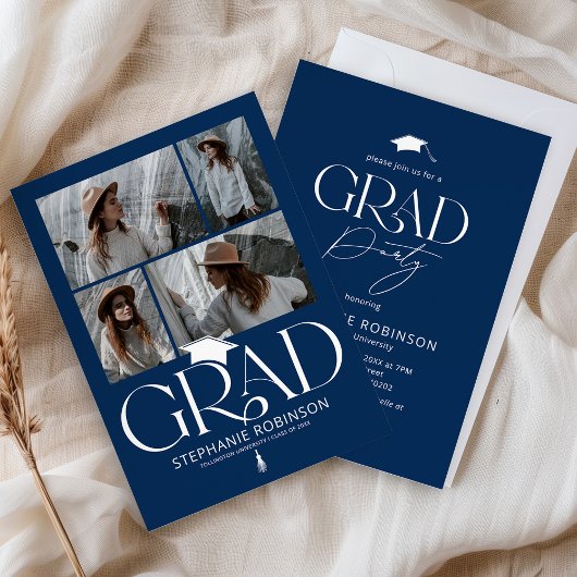 Elegant Blue & White 4 Photo Graduation Party Kaart