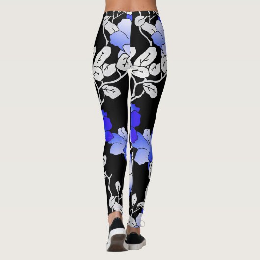 Elegant Blue White Black Floral Leggings (Achterkant)
