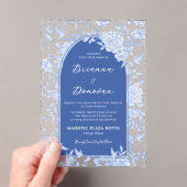Elegant Blue & White Botanical Bird Wedding Acryl Uitnodigingen (Insitu (Draagbaar))