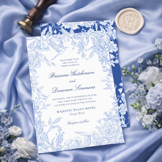 Elegant Blue & White Botanical Bird Wedding  Kaart