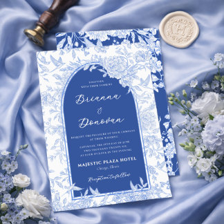Elegant Blue & White Botanical Bird Wedding Kaart