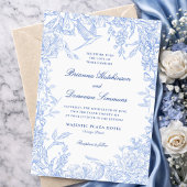 Elegant Blue & White Botanical Bird Wedding  Kaart