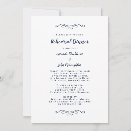Elegant Blue & White Chic Wedding Rehearsal Dinner Kaart (Voorkant)