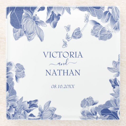 Elegant Blue White Chinoiserie Chic Floral Wedding Glazen Onderzetter (Voorkant)