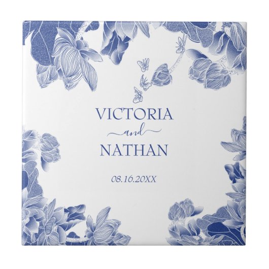 Elegant Blue White Chinoiserie Chic Floral Wedding Tegeltje (Voorkant)