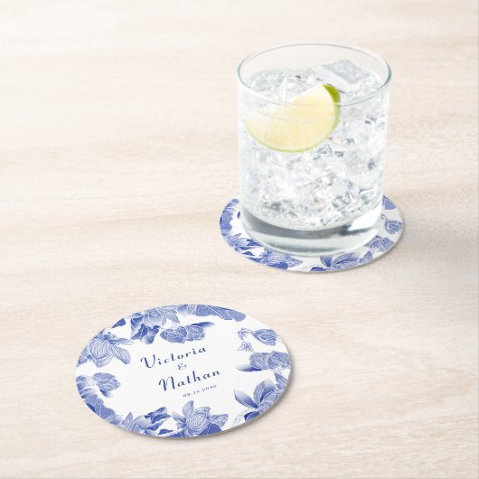 Elegant Blue White Chinoiserie Floral Wedding Ronde Kartonnen Onderzetter (Insitu)