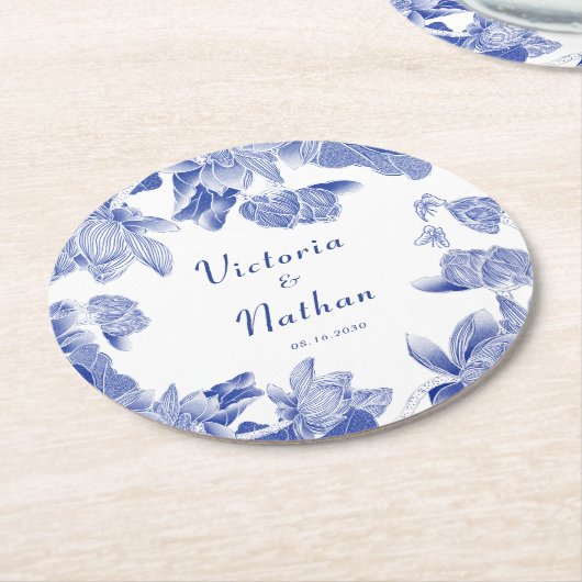 Elegant Blue White Chinoiserie Floral Wedding Ronde Kartonnen Onderzetter (Gebogen)