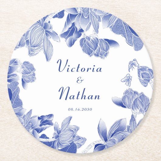 Elegant Blue White Chinoiserie Floral Wedding Ronde Kartonnen Onderzetter (Voorkant)