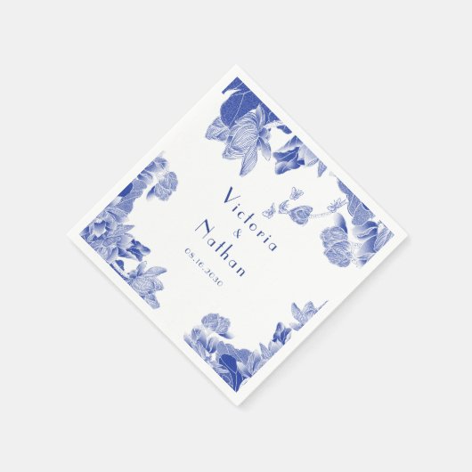 Elegant Blue White Chinoiserie Floral Wedding Servet (Hoek)