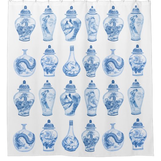 Elegant Blue White Chinoiserie Ginger Jars Pattern Douchegordijn (Voorkant)