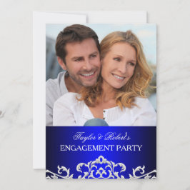 Elegant Blue & White Damask Engagement Party Kaart