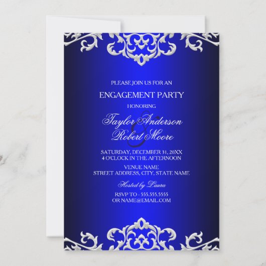 Elegant Blue & White Damask Engagement Party Kaart (Achterkant)