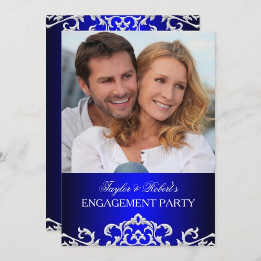 Elegant Blue & White Damask Engagement Party Kaart (Voorkant / Achterkant)