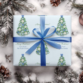 Elegant Blue & White Feestdagen Tree Merry Kerstmi Cadeaupapier