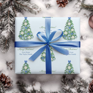 Elegant Blue & White Feestdagen Tree Merry Kerstmi Cadeaupapier