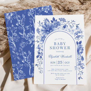 Elegant Blue White Floral Chinoiserie Baby shower Kaart