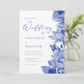 Elegant Blue & White Floral Chinoiserie Wedding Kaart (Staand voorkant)