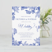 Elegant Blue White Floral Chinoiserie Wedding Kaart (Staand voorkant)