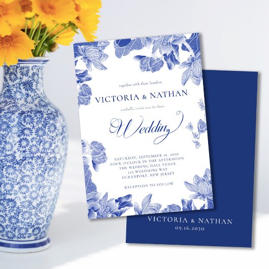 Elegant Blue White Floral Chinoiserie Wedding Kaart