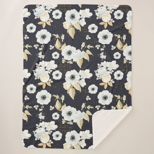 Elegant Blue & White Floral Pattern Sherpa Deken (Voorkant)