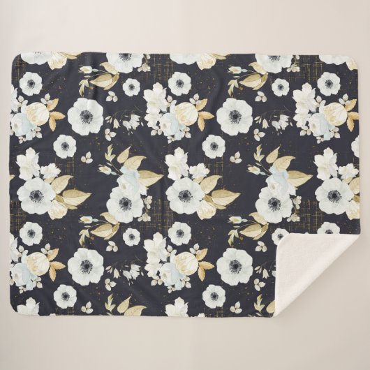 Elegant Blue & White Floral Pattern Sherpa Deken (Voorkant (horizontaal))