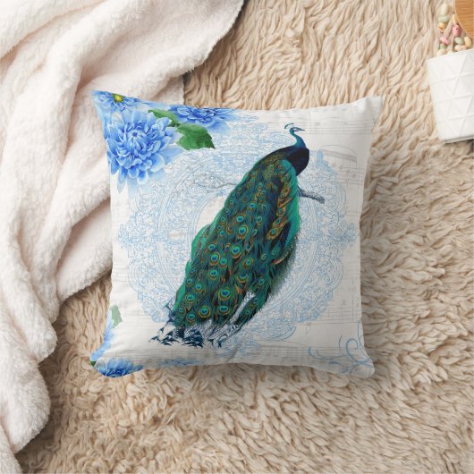 Elegant Blue & White Floral Peacock Kussen (Deken)