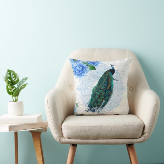 Elegant Blue & White Floral Peacock Kussen (Stoel)