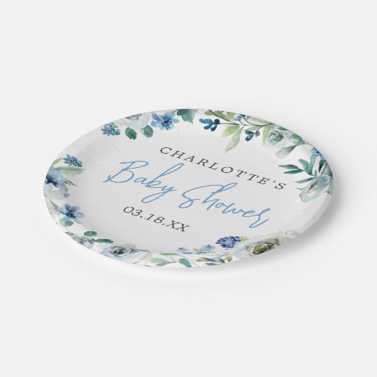 Elegant Blue White Floral Spring Boy Baby shower Papieren Bordje (Gekanteld)