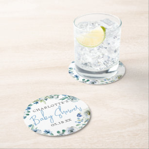 Elegant Blue White Floral Spring Boy Baby shower Ronde Kartonnen Onderzetter