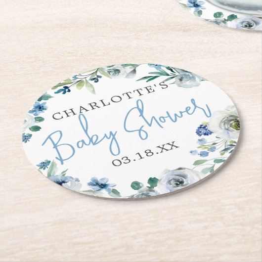 Elegant Blue White Floral Spring Boy Baby shower Ronde Kartonnen Onderzetter (Gebogen)