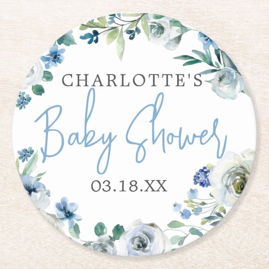 Elegant Blue White Floral Spring Boy Baby shower Ronde Kartonnen Onderzetter (Voorkant)