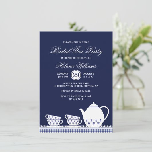 Elegant Blue White Floral Tea Party Vrijgezellenfe Kaart (Staand voorkant)