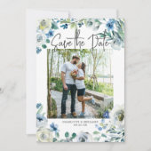 Elegant Blue White Floral Verloving Foto Spring Save The Date (Voorkant)