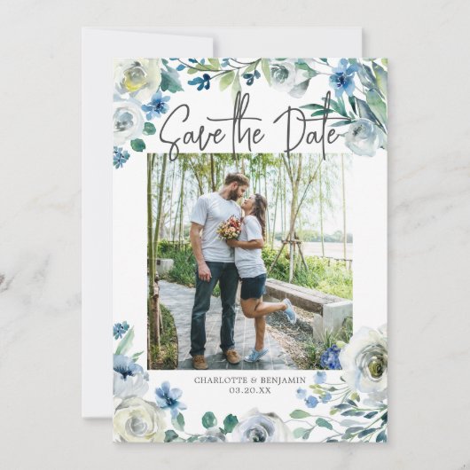 Elegant Blue White Floral Verloving Foto Spring Save The Date (Voorkant)