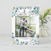 Elegant Blue White Floral Verloving Foto Spring Save The Date (Staand voorkant)