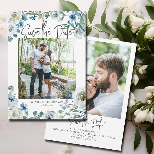 Elegant Blue White Floral Verloving Foto Spring Save The Date
