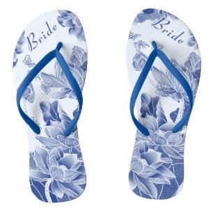 Elegant Blue White Floral Wedding Bride Teenslippers