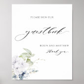 Elegant Blue White Floral Wedding Guestbook Poster (Voorkant)