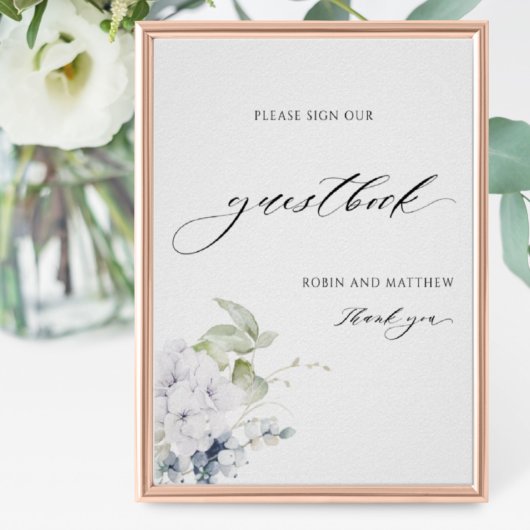 Elegant Blue White Floral Wedding Guestbook Poster