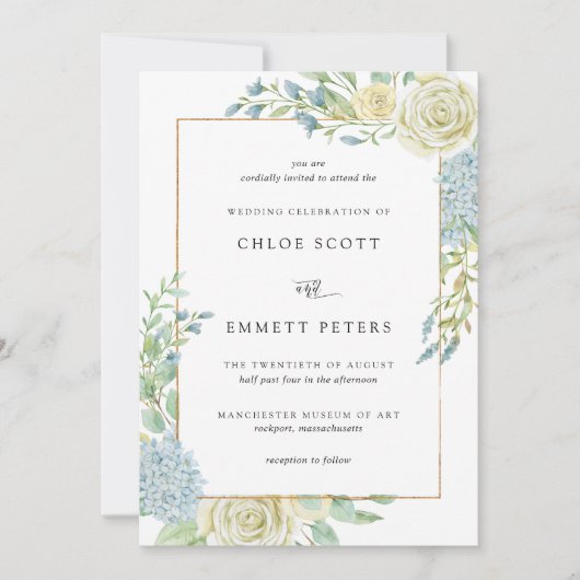 Elegant Blue White Floral Wedding Kaart (Voorkant)