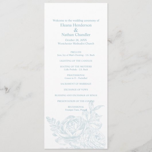 Elegant Blue White Floral Wedding Programme Programmakaart (Voorkant)