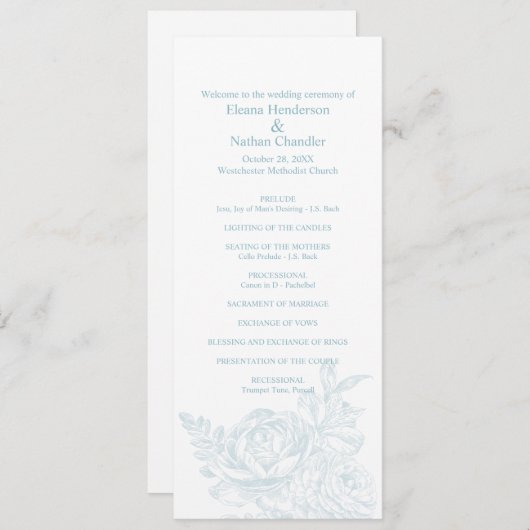 Elegant Blue White Floral Wedding Programme Programmakaart (Voorkant / Achterkant)
