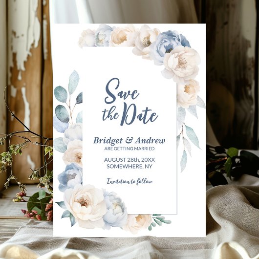 Elegant Blue White Floral Wedding Save The Date
