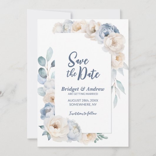 Elegant Blue White Floral Wedding Save The Date (Voorkant)