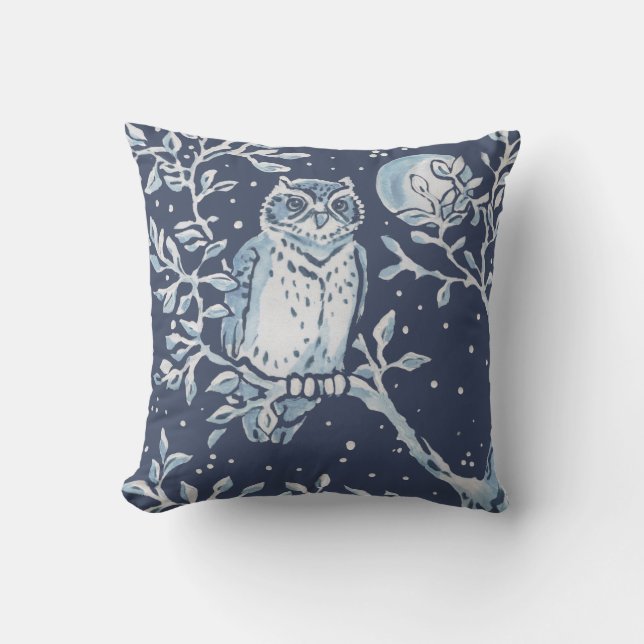 Elegant Blue White Forest Owl Moon Woodland Art Kussen (Voorkant)