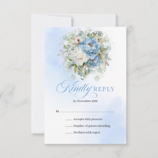 Elegant Blue White Gold Peony Floral Wedding RSVP Kaartje (Voorkant)