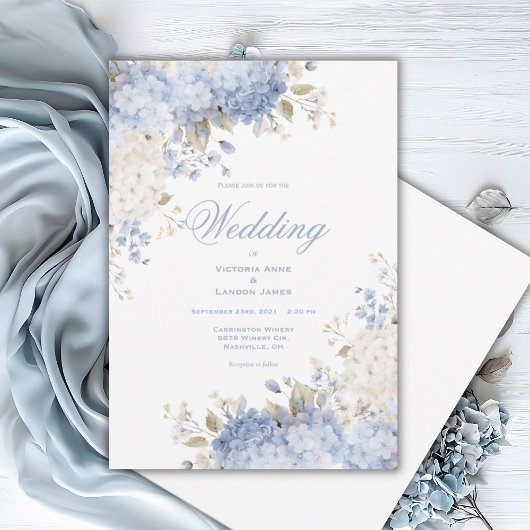 Elegant Blue White Hydrangeas Wedding Invitation Kaart
